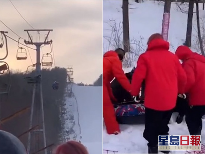 左圖:纜車上遊客半天吊；救援人員(紅衣)救助傷者。 網圖