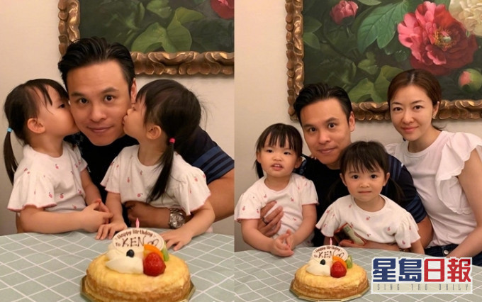 一家四口齊齊整整切蛋糕外,素顏Lynn仲派一對孖女獻吻壽星,𠱁到郭可頌勁冧。