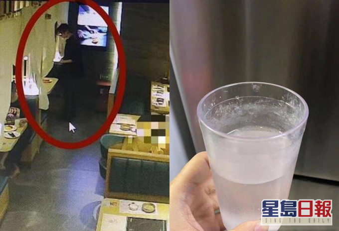 男子在女伴的水杯里「落药」,随后被店员(左)换走水杯并报警。网图