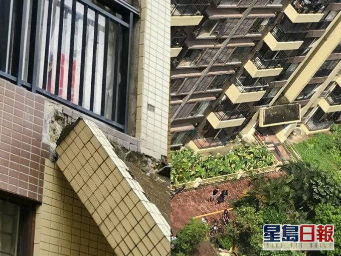 东莞一住宅楼宇发生水泥檐篷断裂事故。(网图)
