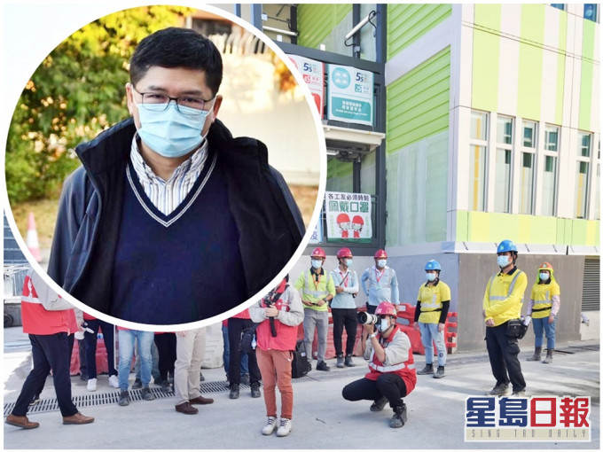 高拔陞(小圖)指臨時醫院興建進度理想,預計本月較後時間竣工,下月內啟用。