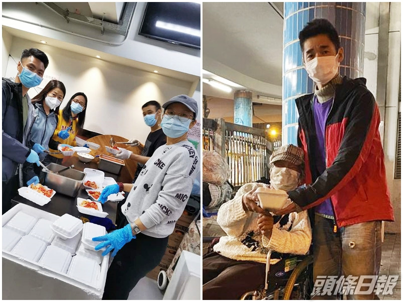 伍頌良(右)秉承「明哥」幫助基層的理念,親身派飯給有需要人士。「致麗同心-油麻地」Facebook圖片
