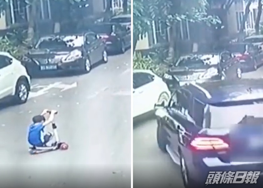 東莞一男童蹲着玩滑板車期間,遭私家車輾斃。影片截圖
