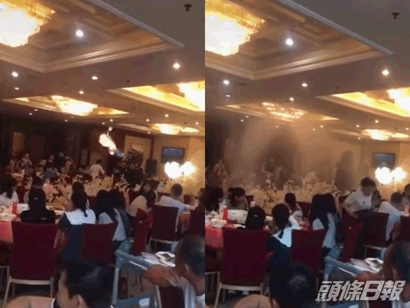司儀表演噴火觸動灑水系統 。網圖