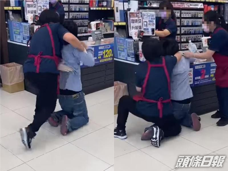 兩店員合力制服大媽。影片截圖