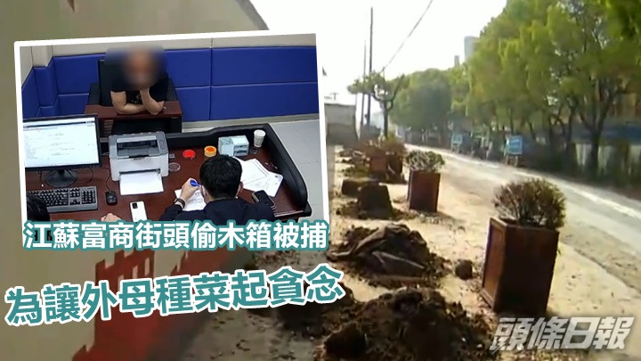 張家港一名身家逾億的商人,因偷取街道上的種植用木箱被捕。網上影片截圖