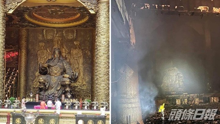東南亞最高的室內關公像於周三晚的火警中被焚毀。網上圖片