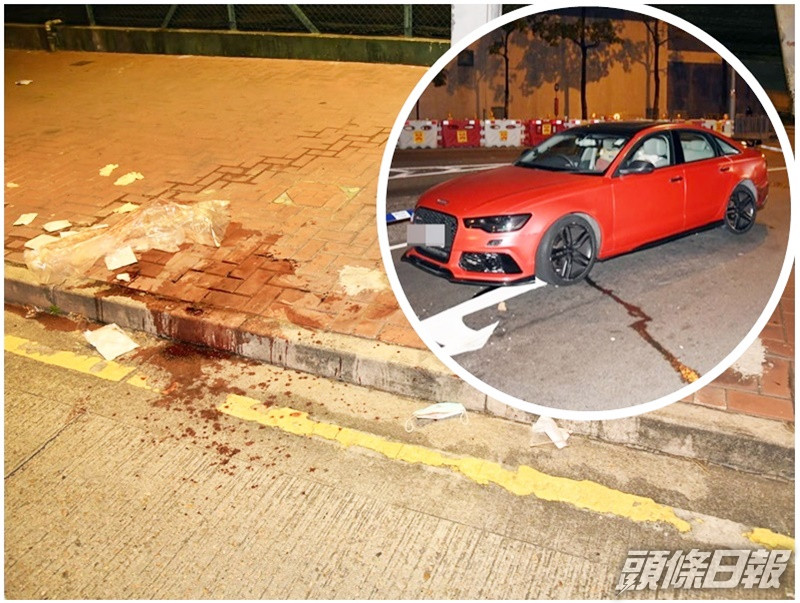 現場遺下大灘血跡。小圖:男事主駕駛的私家車在渡船街與欣翔道交界被兩輛私家車截停。