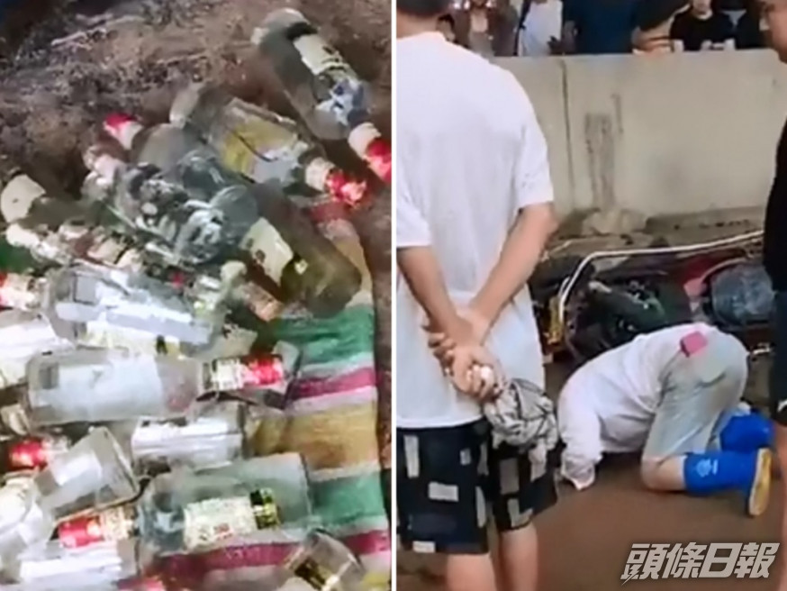 鄭州有商店老闆娘(右)向路人跪求,不要哄搶散落在附近的酒水。影片截圖