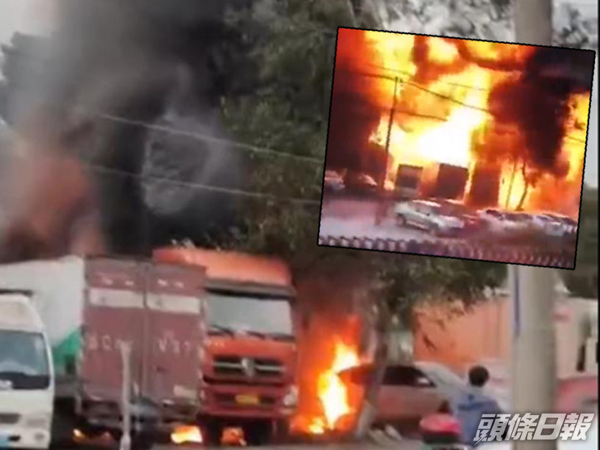 溫州一輛停在街頭的貨櫃車昨日發生猛烈爆炸。(網上圖片)