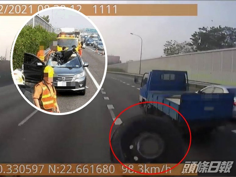 私家車車頂被巨輪砸中,嚴重損毀。中時/網圖
