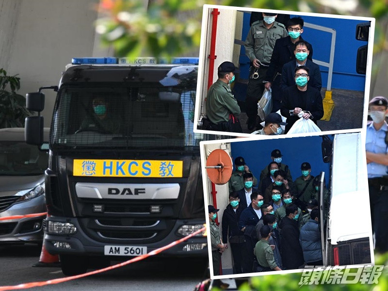 黃之鋒、胡志偉及譚得志等多名被告分由多輛囚車今早再押上庭。
