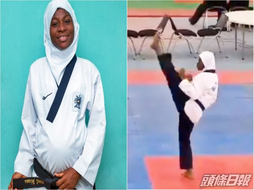 尼日利亞孕婦挺肚起飛腳、揮拳,成功奪得跆拳道冠軍。網圖