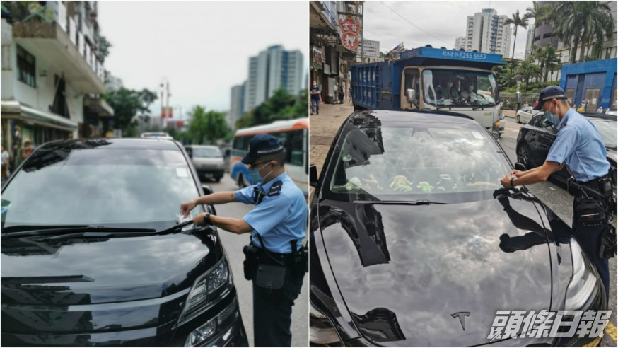 警方向大圍區內違例停泊車輛發出50張交通定額罰款告票。警方圖片