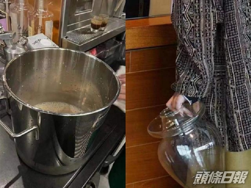 內地民眾各出奇謀,用不同容器去裝免費咖啡。網上圖片