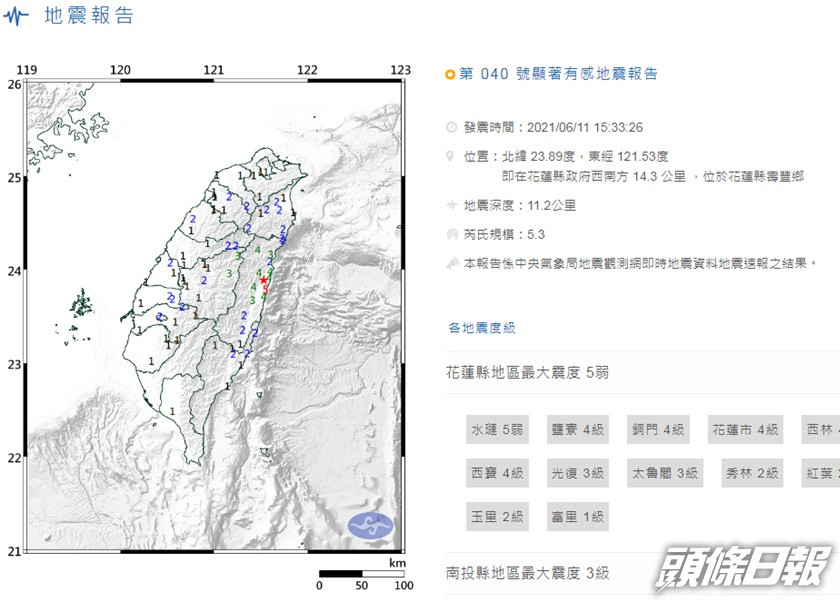 台灣花蓮下午發生5 3級地震 頭條日報