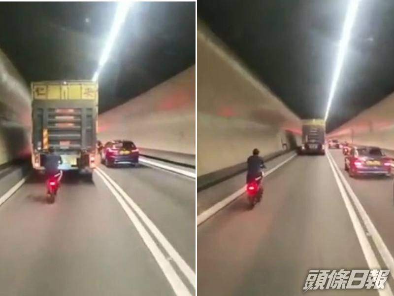 男子無戴頭盔,更一度緊貼貨車。網圖