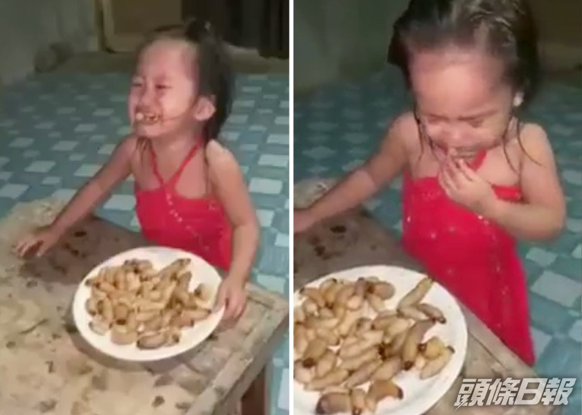 菲律賓有母親將女兒吃活蟲片段放上網,遭當地網民炮轟。影片截圖