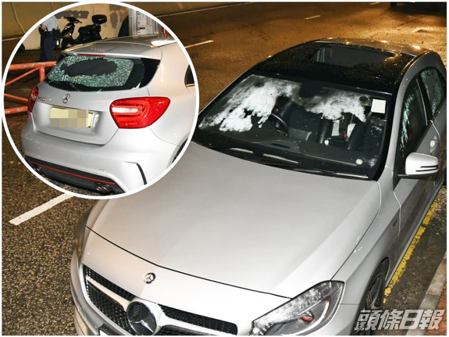 平治私家車,車窗及天窗損毀。