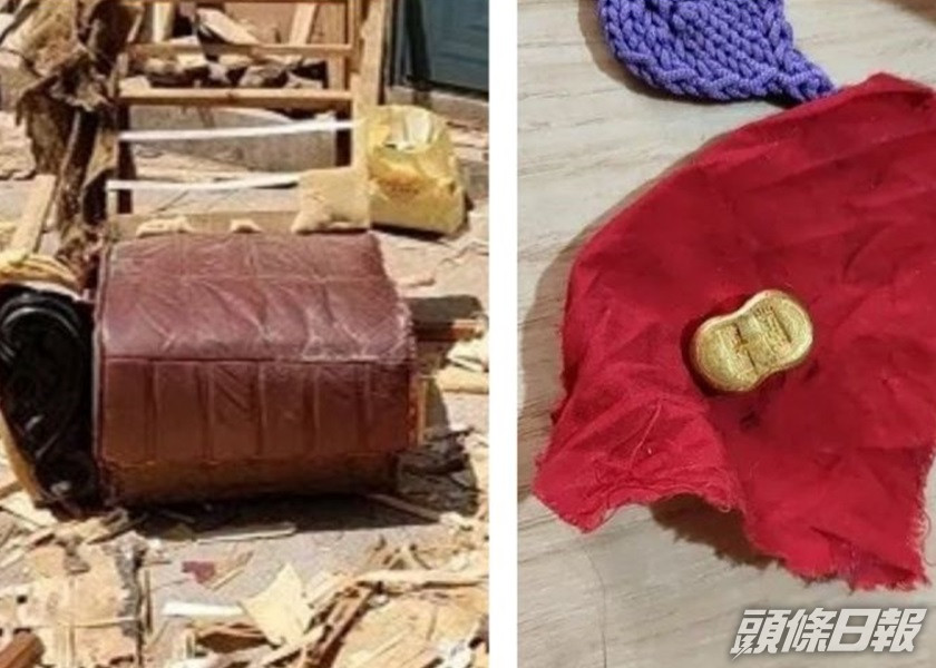 青島一男子拾得一台舊梳化,劈開後發現內藏黃金現金等財物。網圖