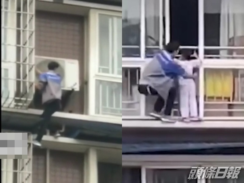 胡雲川爬窗將女童抱回屋內。影片截圖