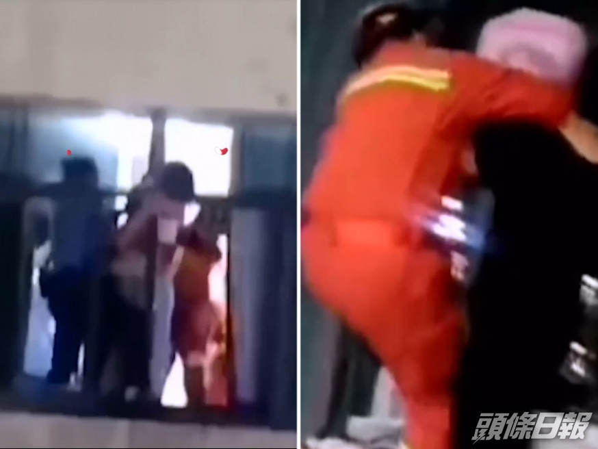 淅江台州一名女直播主日前企圖跳樓,幸被救援人員及時救回。影片截圖
