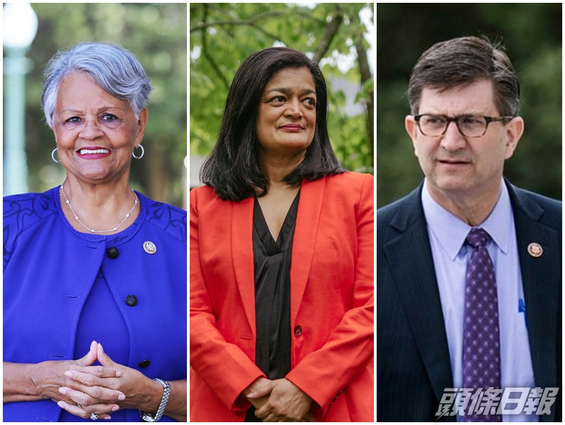 當局證實,事後已增至3名民主黨眾議員確診感染新冠肺炎,當中包括(由左至右)科爾曼(Bonnie Watson Coleman)、賈雅帕爾(Pramila Jayapal)及施奈德(Brad Schneider)。網圖