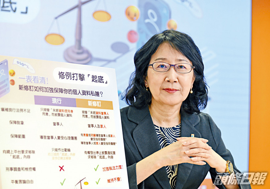 私隱專員鍾麗玲指,公署計畫成立「刑事調查及檢控組」專責處理起底罪行。褚樂琪攝
