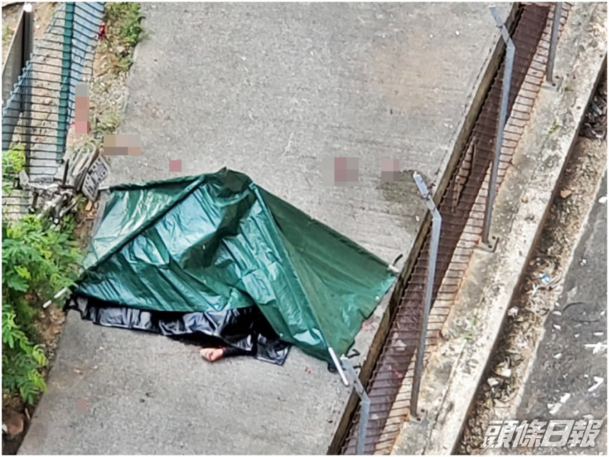 事主墮下時疑撞及硬物,肝腦塗地。警方以帳篷遮蓋遺體。