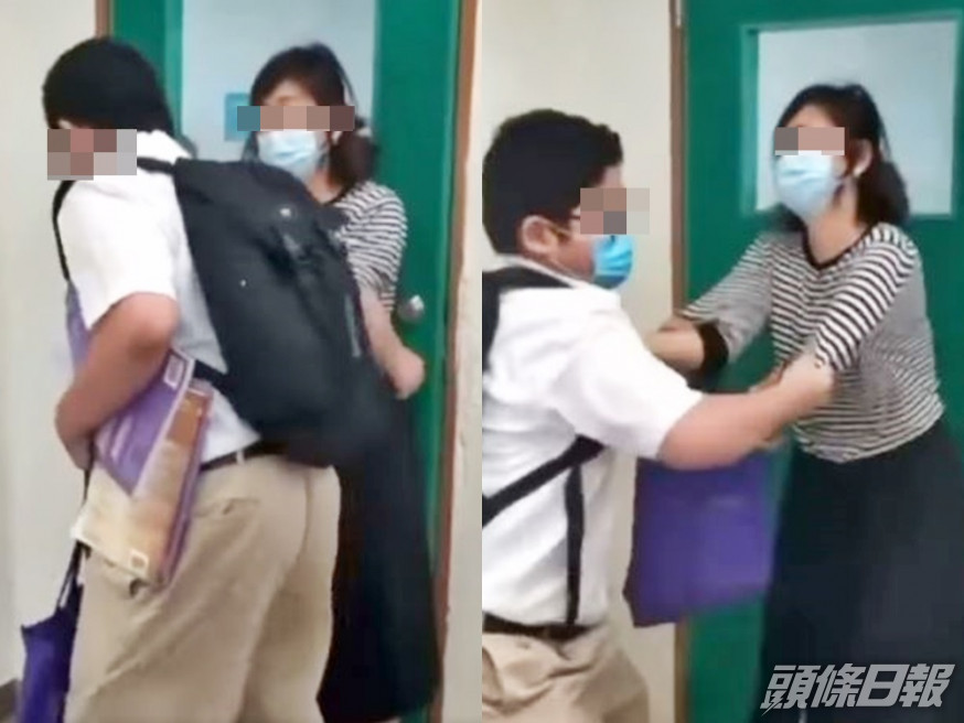 網傳一名中學生疑不滿被罰留堂,用力將女教師推倒在地上。影片截圖