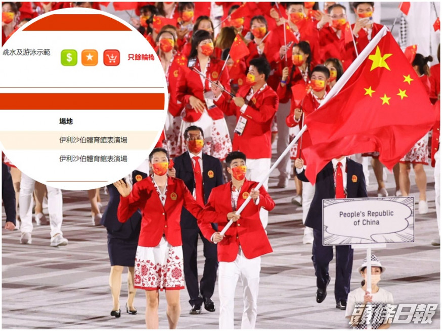 (小圖)下午2時半左右,「跳水及游泳示範表演」只剩輪椅位。城市售票網截圖