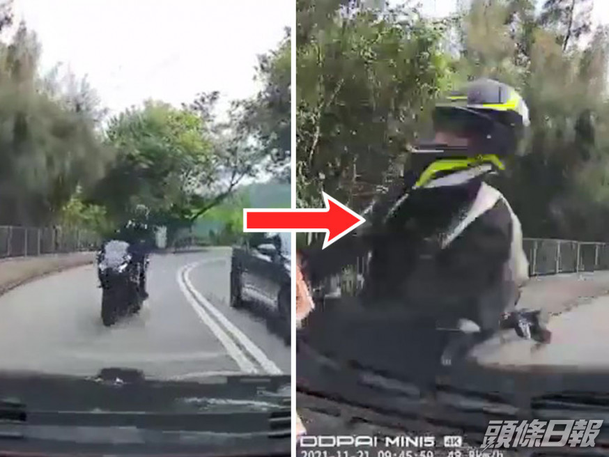 有車cam拍到鐵騎士切雙白線逆線直撼私家車的一刻。網上片段截圖
