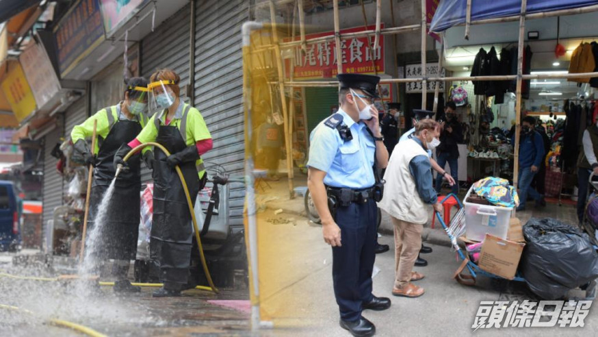 警方和食環人員在大南街一帶掃蕩地攤。