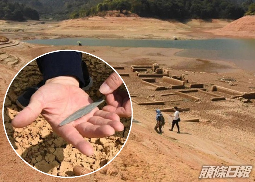 河源萬綠湖部分湖面乾涸,發現古代遺跡及新石器等文物。網圖