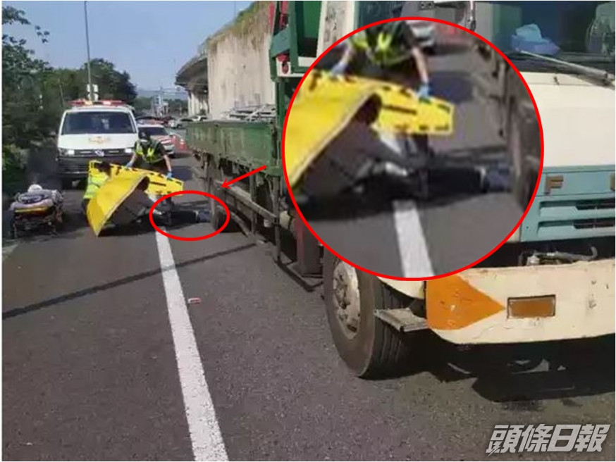 台灣一名女子疑跳車遭貨車壓住右腳。網圖