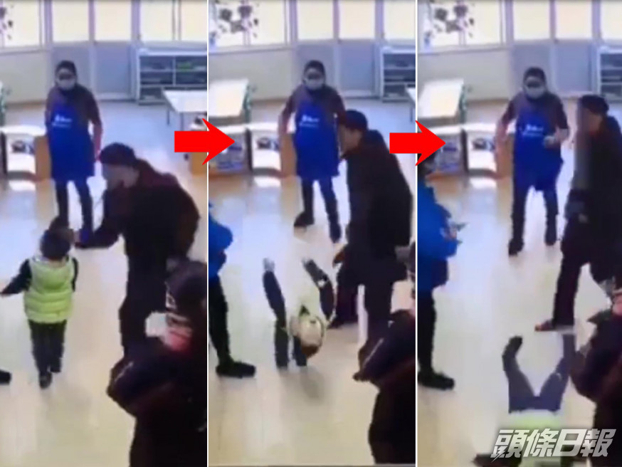 幼兒園兩幼童發生衝突,一名家長(黑衫男子)到校將對方孩子一巴掌拍倒在地。