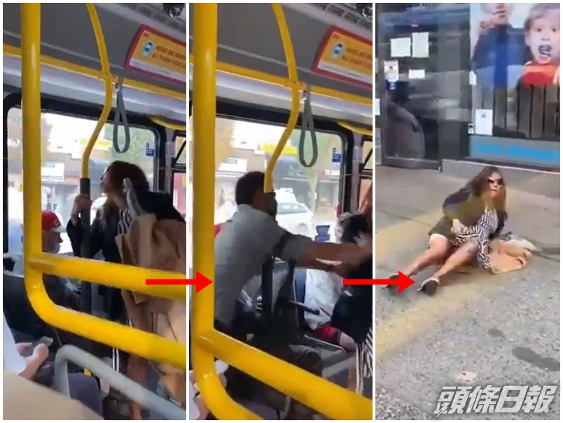 加拿大溫哥華一名大媽在巴士上拒戴口罩,更向一名勸阻她的乘客吐口水,之後被對方踢出車外。
