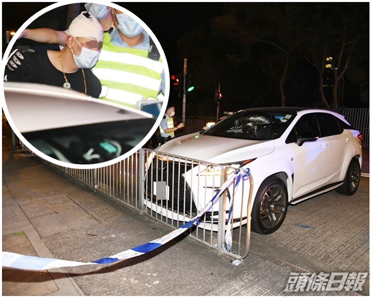 私家車失控撞欄。警方拘捕36歲男司機(小圖)。