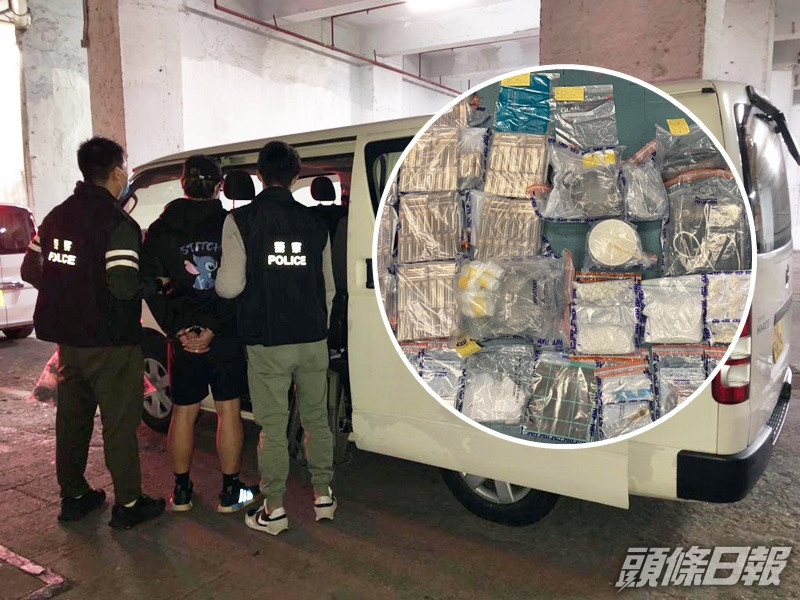 警方搗破油塘工廈一個製毒工場,拘捕一名23歲男子,並檢獲市值約161萬元毒品。警方圖片