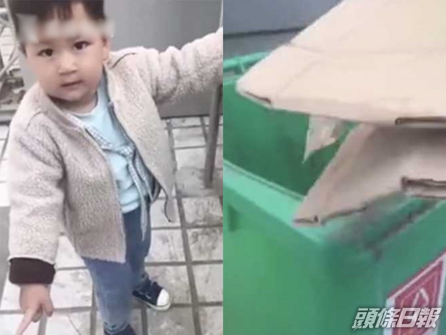 男童阻止媽媽扔紙皮。網上影片截圖