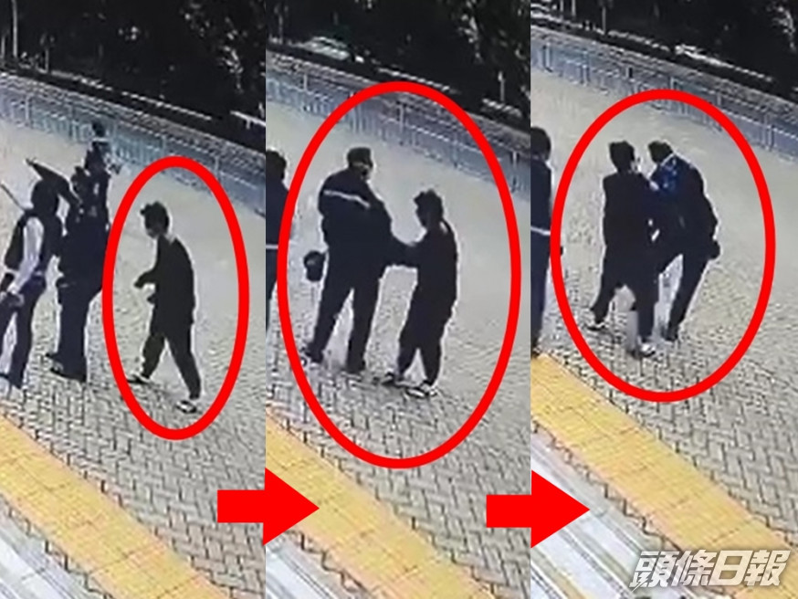 女子在東涌大嶼山北警署門外試圖搶走警員佩槍。影片截圖