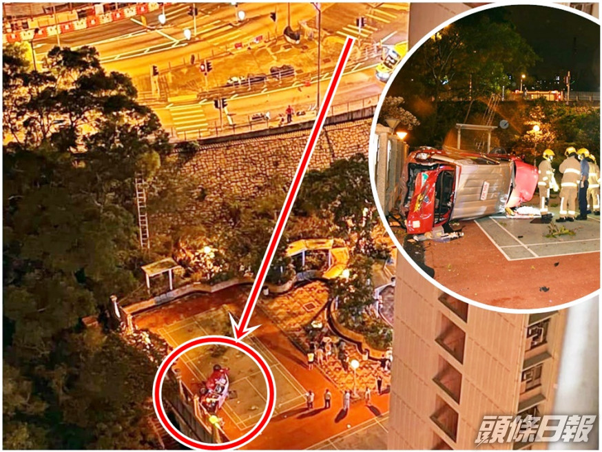 的士撞向安全島,掃跌兩輛電單車及一列長約12米的欄杆後,衝下約20米的羽毛球場翻側。大圖為網圖
