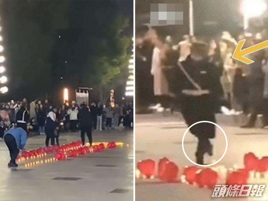 河南男子擺蠟燭告白被保安踢毀。網圖