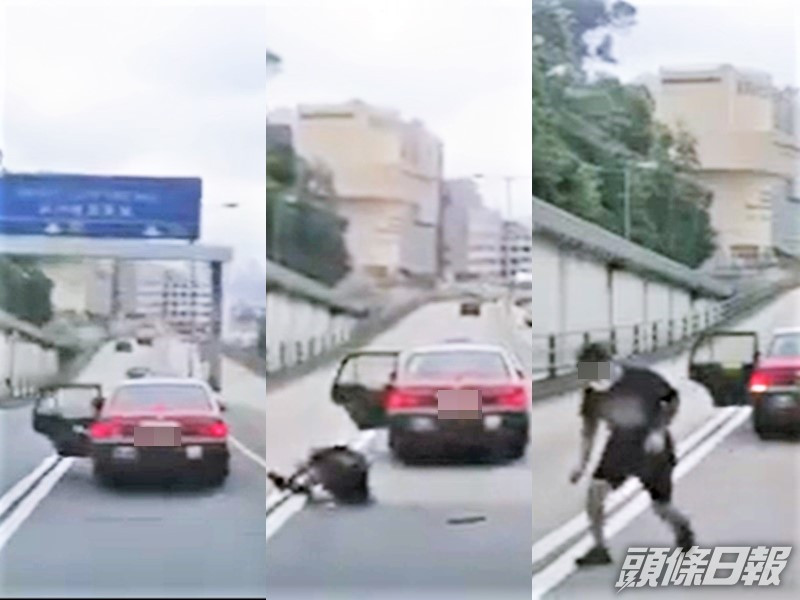 行駛中的士車門突打開,男乘客跳車倒地。影片截圖