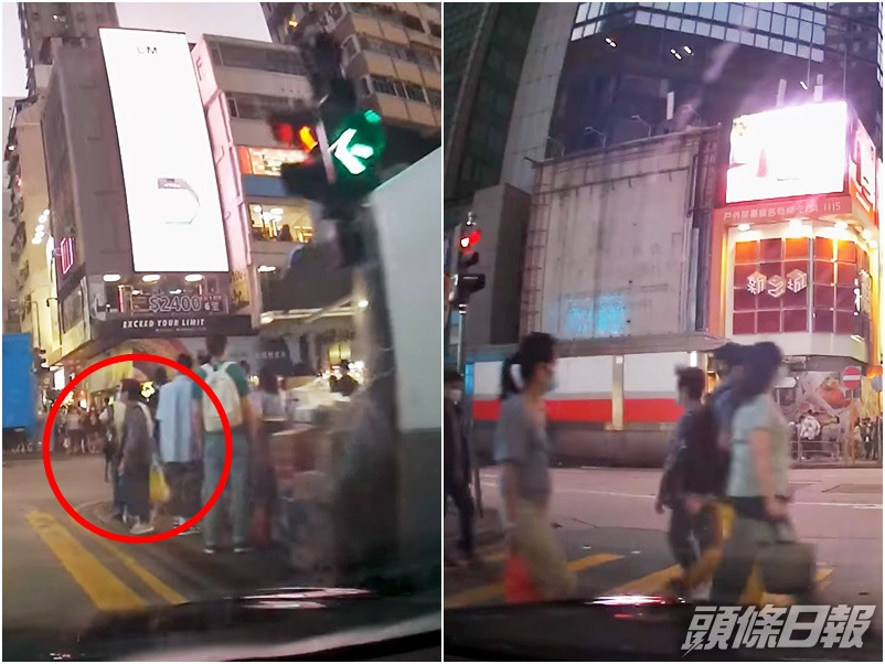 旺角有私家車在綠燈亮起、準備轉出路口時,突然有一名婆婆唔望燈衝出,旁邊的路人見私家車剎停後竟「人過我過」。影片截圖
