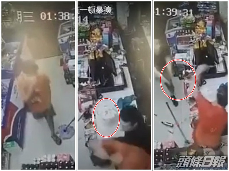 店員先後用玻璃樽及棍還擊賊人。