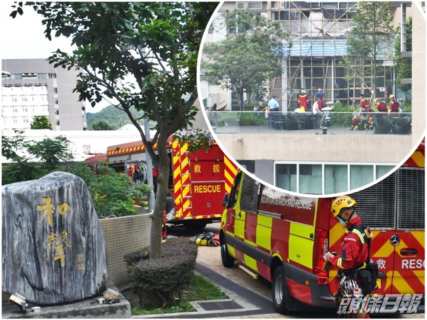 攀山拯救支援車到場協助。(小圖:女事主遺體及後被吊上和聲書院平台。)