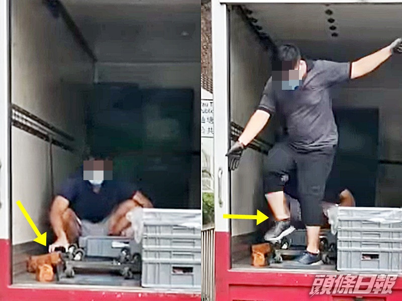 一名送貨員徒手執麵包,另一人鞋底跨過麵包。Tai Po大埔FB影片截圖