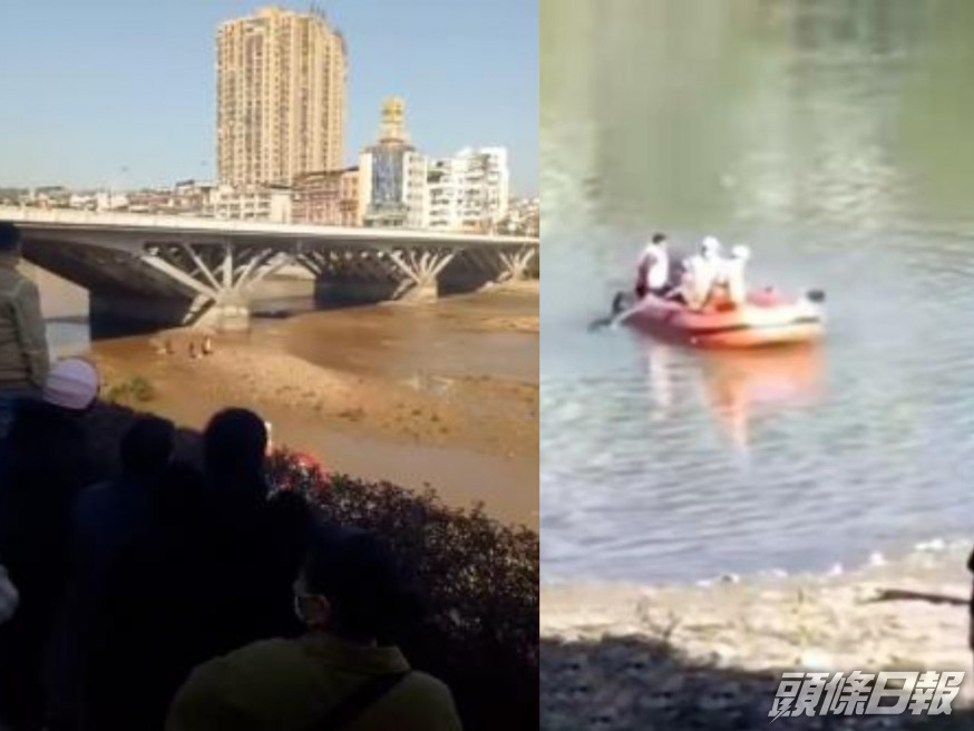 福建南平巿一個水壩突放水，沖走下游一對父女，救援人員坐橡皮艇搜救。（網上圖片）