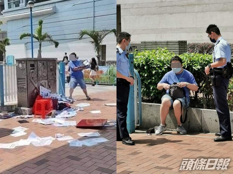 一名男子涉毀壞現場的宣傳易拉架被捕。陳恒鑌FB圖片